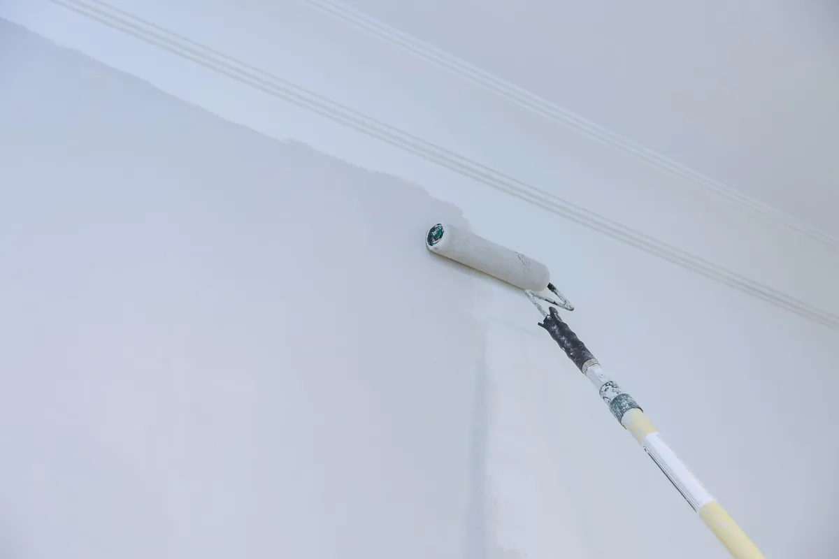 Roller painting a white wall below crown molding